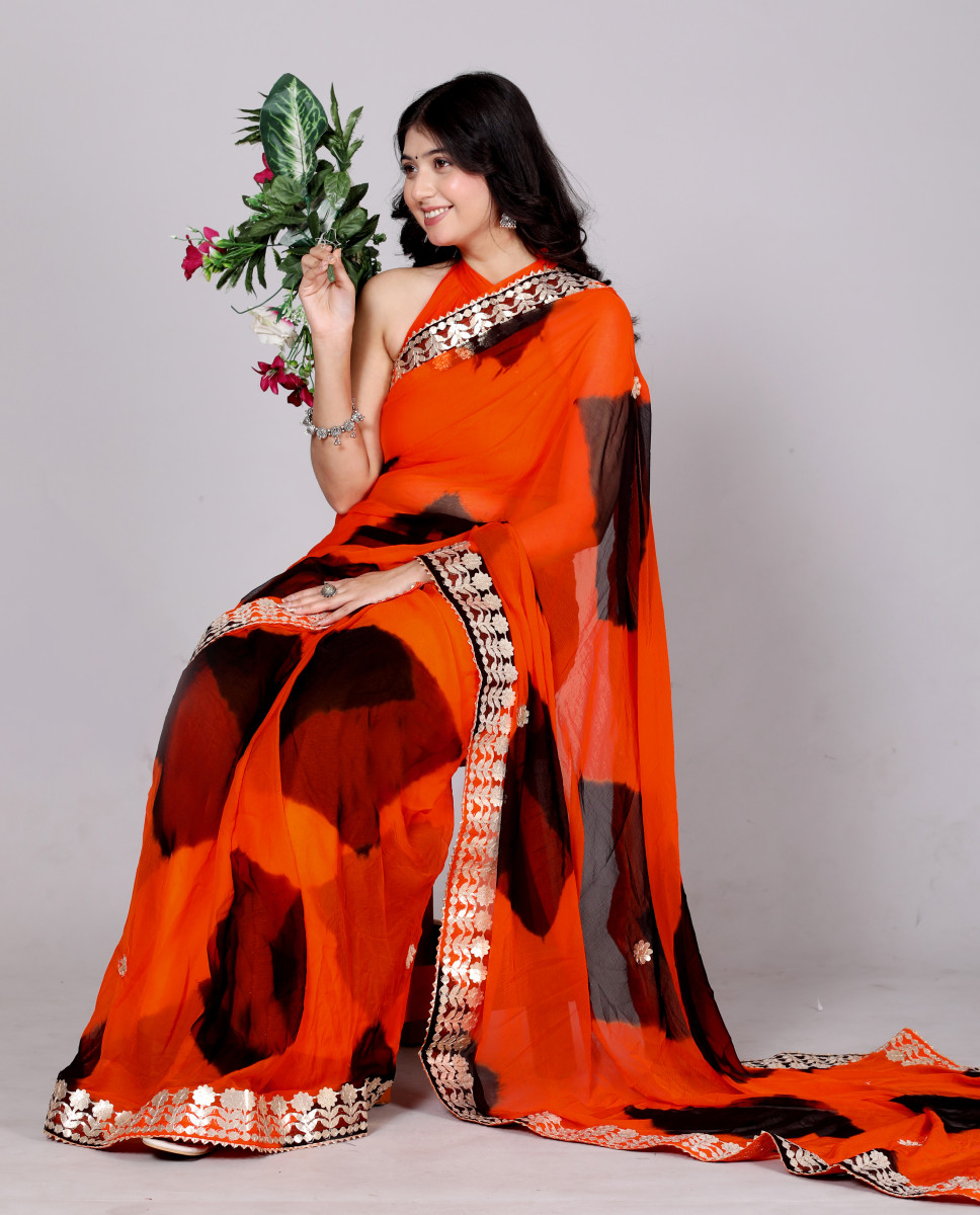 Pure Chiffon Gotta Patti Work Leheriya Designer Printed Sarees For Women