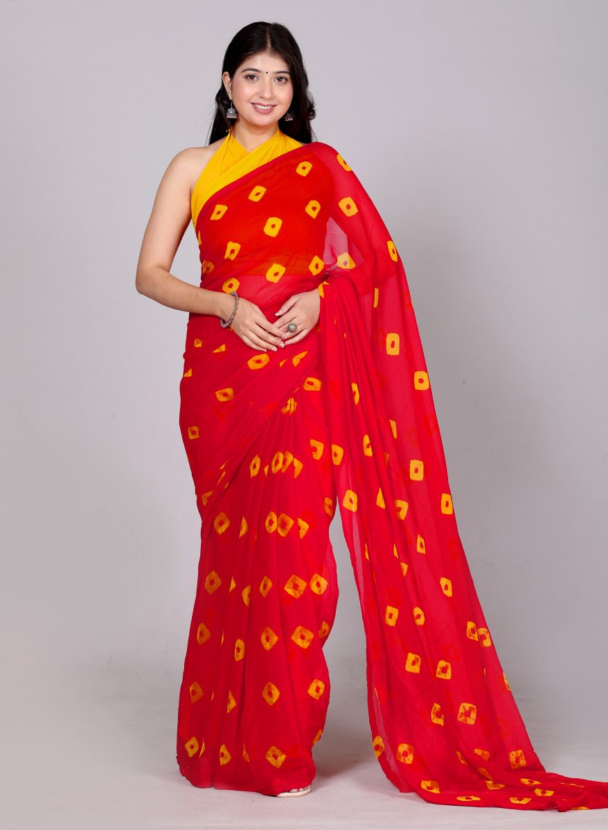 Bandhani Printed Chiffon Printed Red sarees For Women