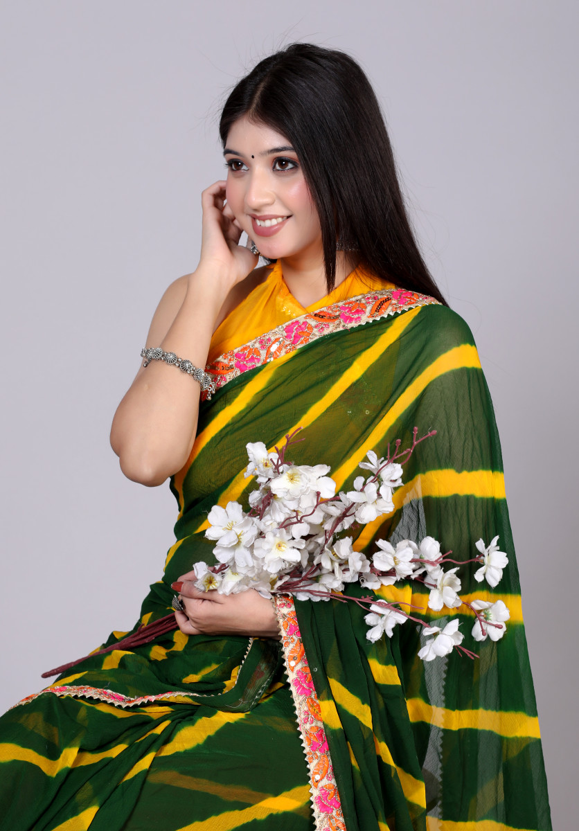 Pure Chiffon Leheriya Saree for Women – Bollywood Style Printed Lehariya Saree with Embroidered Border | Party, Wedding & Festive Wear 