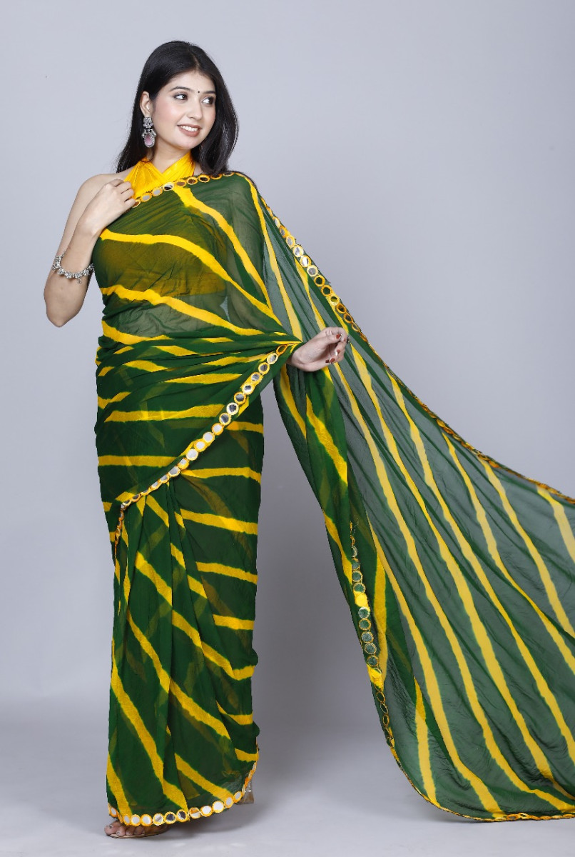 Pure Chiffon Leheriya Mirror Work Printed Work Sarees For Women