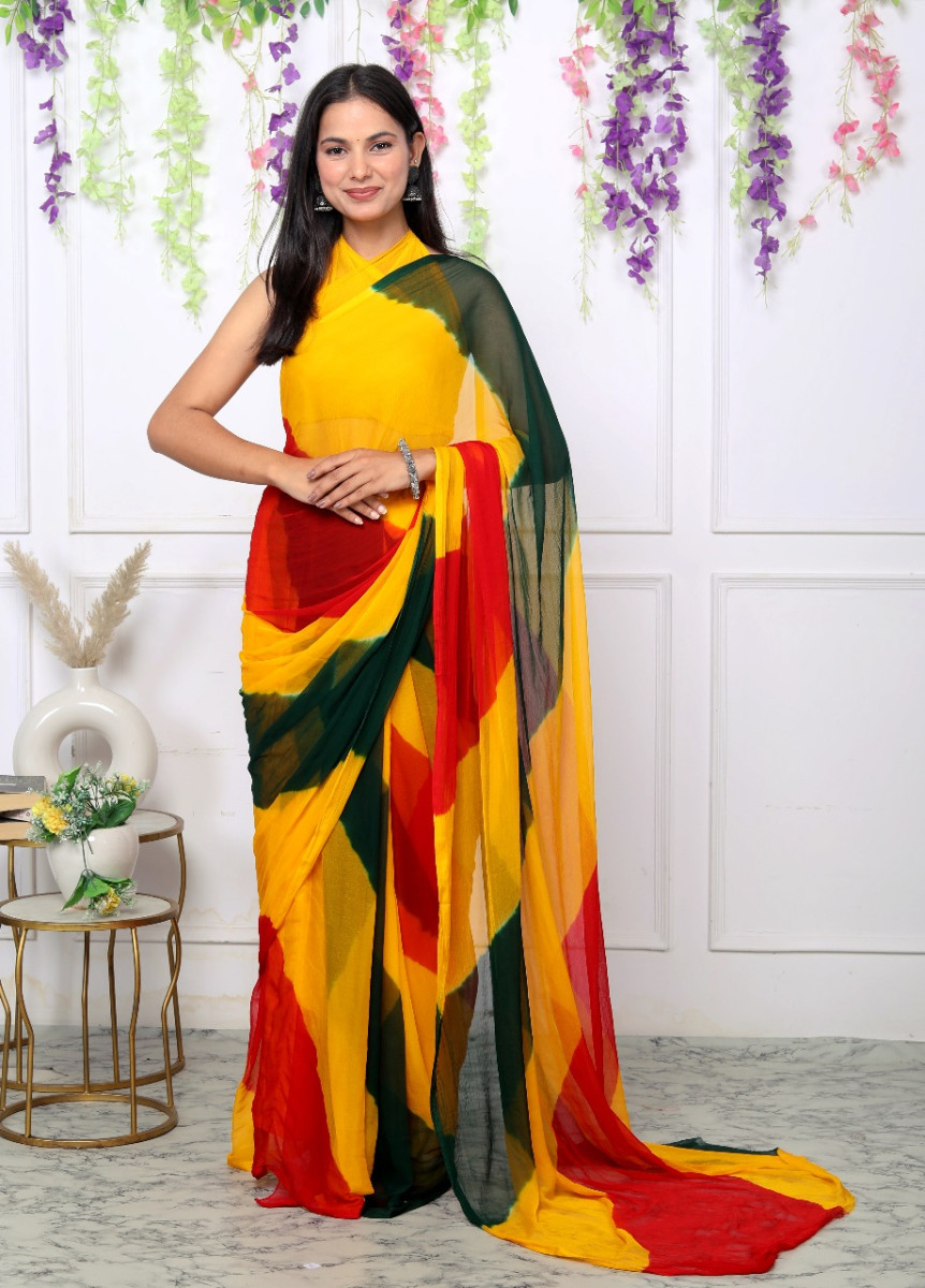 Pure Chiffon Leheriya Saree for Women – Multicolor Bollywood Printed Saree for Wedding, Party, Festive & Farewell | Traditional Designer Saree 