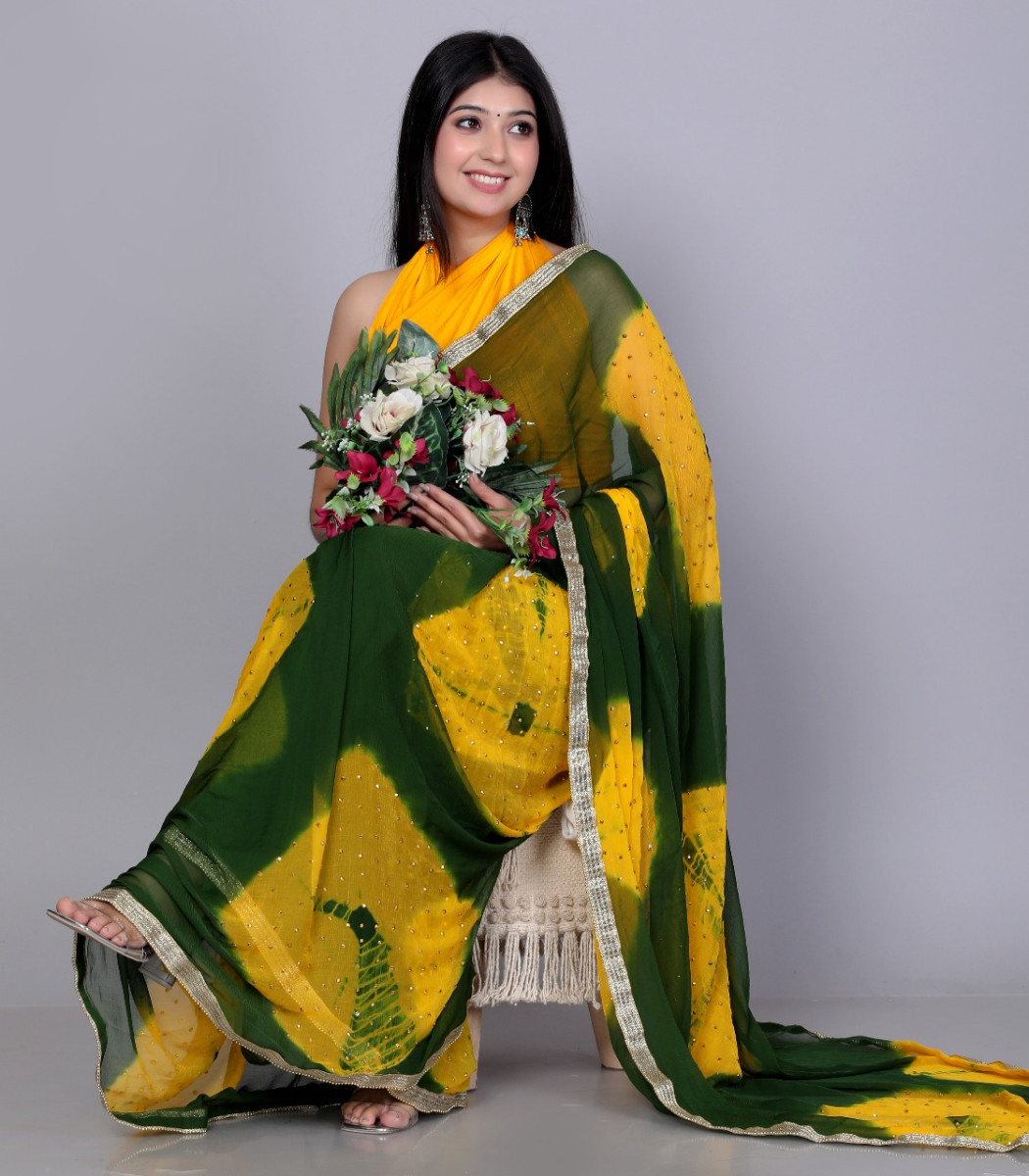 Trendy Chiffon Printed  Printed Bandhini Check Printed Stone Work Sarees For Women