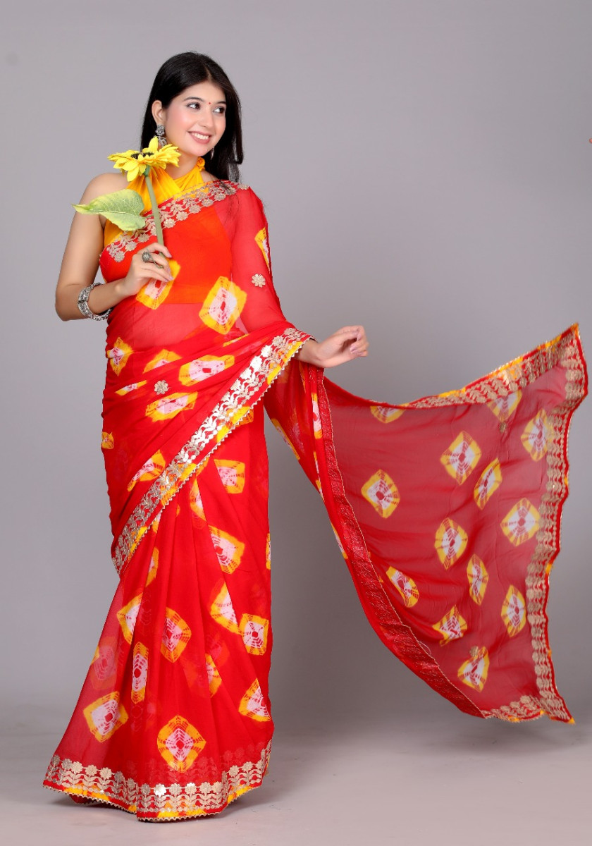 Trendy  Printed  Chiffon  Bandhini Gotta Patti Work Sarees For Women