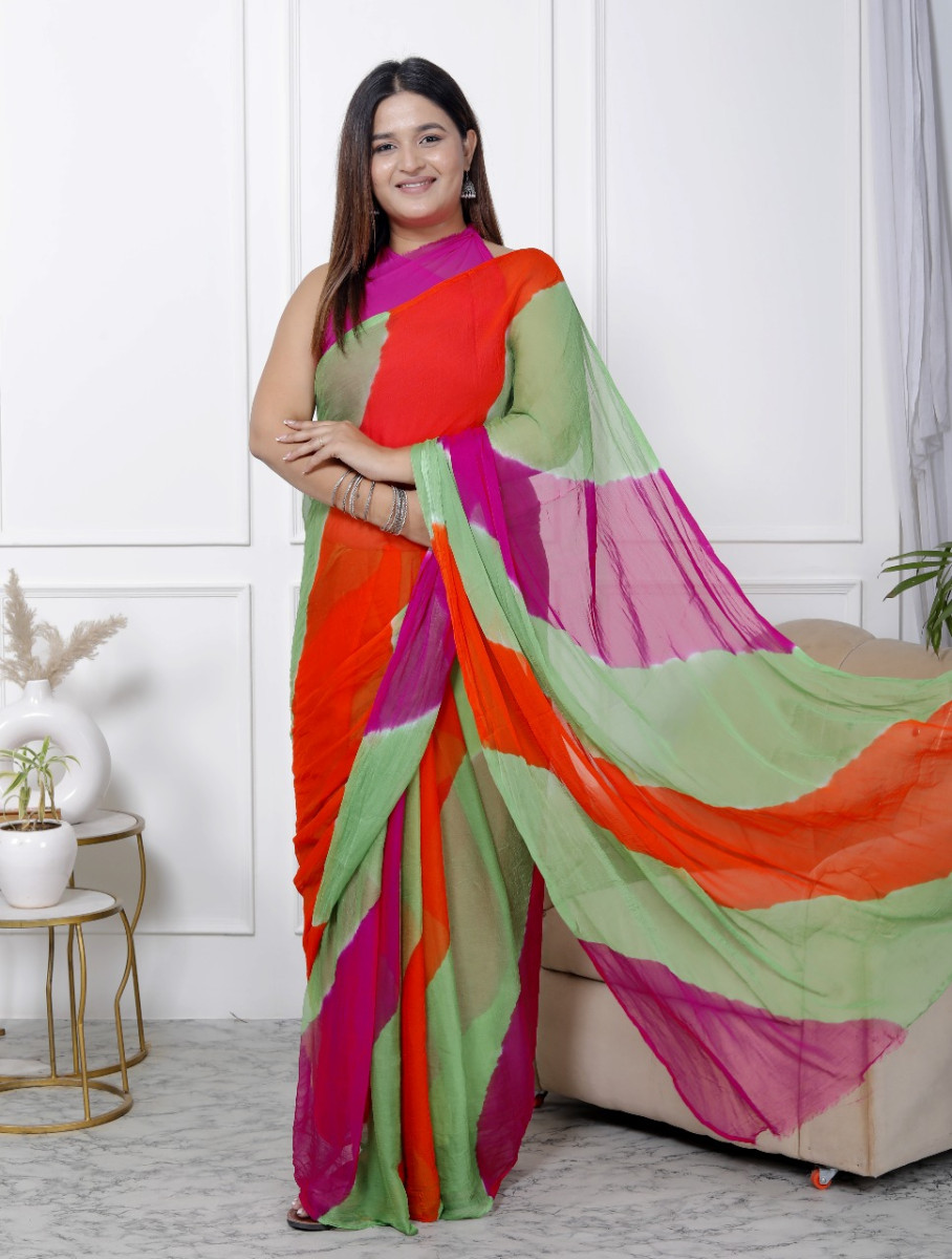 Pure Chiffon Leheriya Saree for Women – Multicolor Bollywood Printed Saree for Wedding, Party, Festive & Farewell | Traditional Designer Saree 