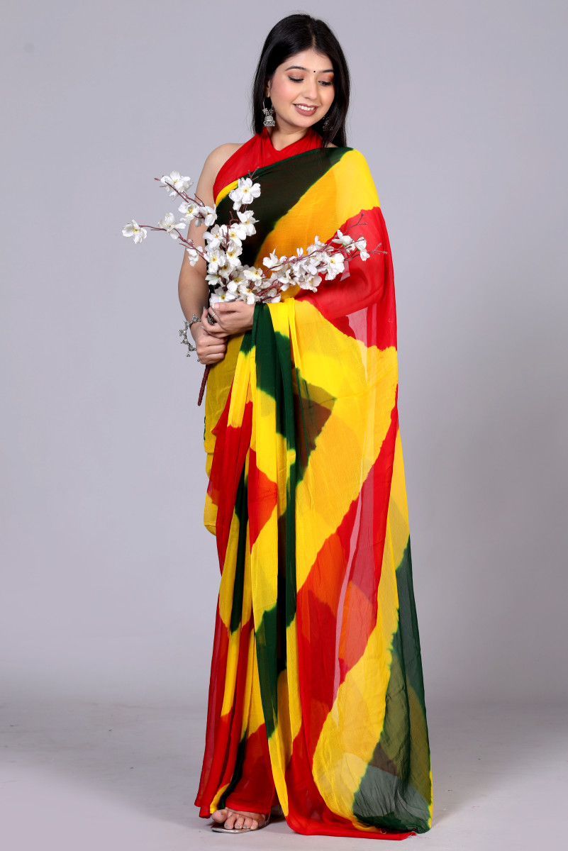 Pure Chiffon Leheriya Saree for Women – Multicolor Bollywood Printed Saree for Wedding, Party, Festive & Farewell | Traditional Designer Saree | 