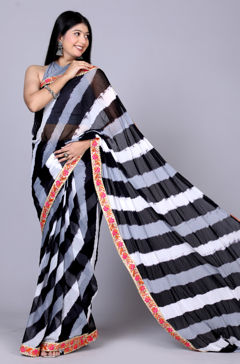 Pure Chiffon Leheriya Saree for Women – Bollywood Style Printed Lehaiya Saree with Embroidered Border | Party, Wedding & Festive Wear