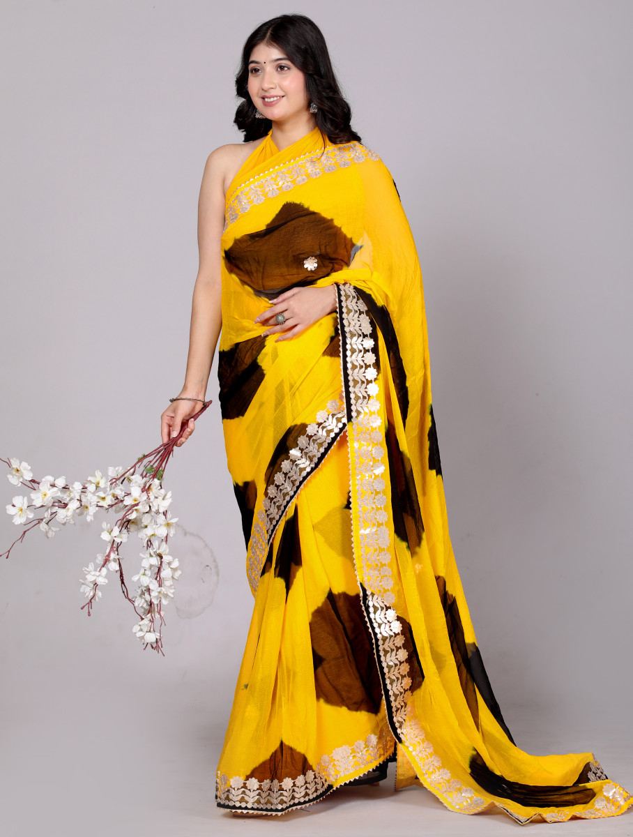 Pure Chiffon Gotta Patti Work Leheriya Designer Printed Sarees For Women