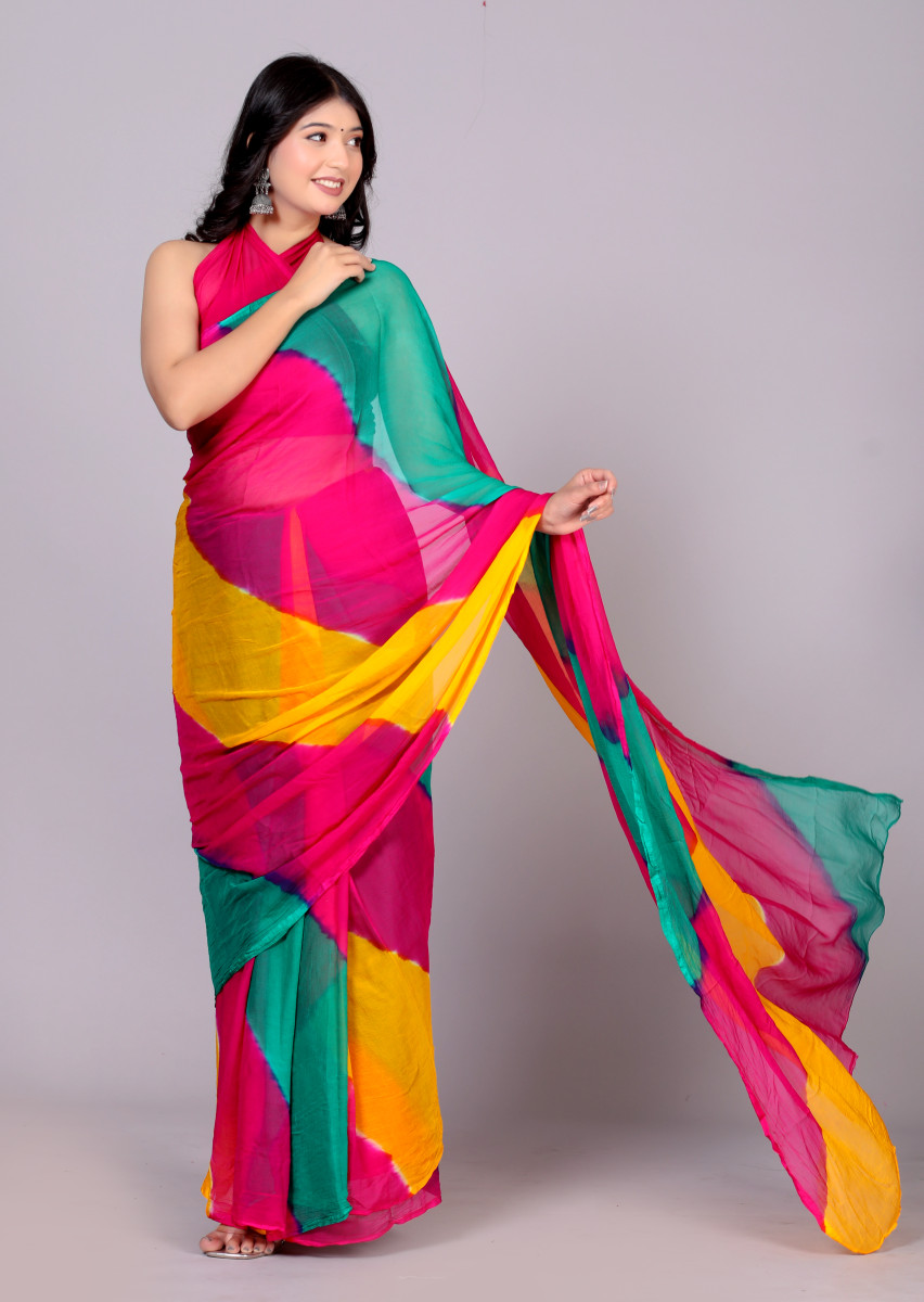 Pure Chiffon Leheriya Saree for Women – Multicolor Bollywood Printed Saree for Wedding, Party, Festive & Farewell | Traditional Designer Saree 