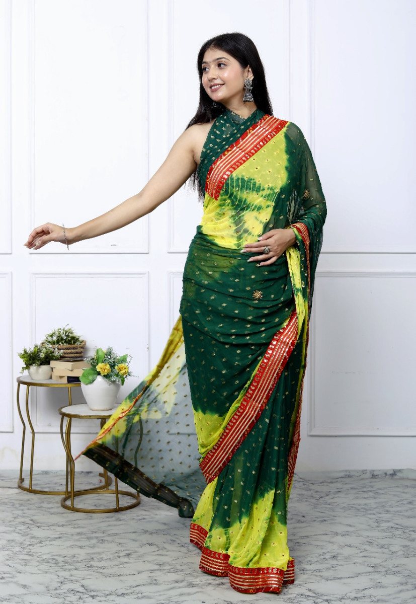 Pure Chiffon Trendy bandhani Stone Work Gotta Lace Chiffon Sarees For Women