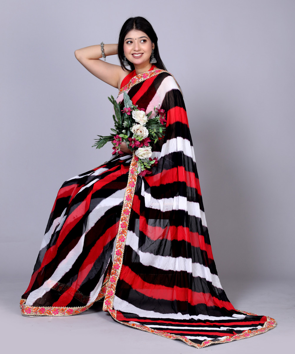 Pure Chiffon Leheriya Saree for Women – Bollywood Style Printed Lehaiya Saree with Embroidered Border | Party, Wedding & Festive Wear