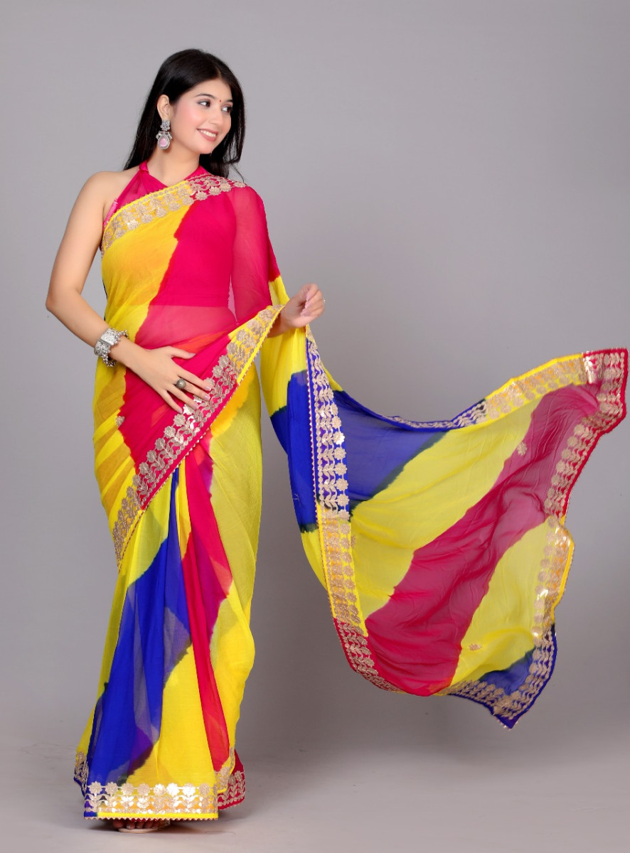 Trendy  Printed  Chiffon Leheriya Gotta Patti Work Sarees For Women