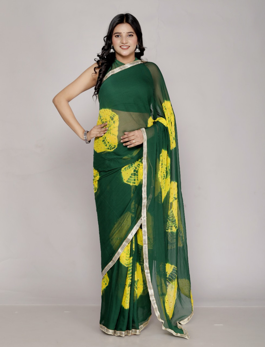 Chiffon Sarees for Women – Bandhani saree, Printed & Wedding Party Wear saree | Latest 2025 saree Collection, Green saree , Designer Saree For Wedding,, Perfect Sarees For Women Wedding , Sarees For F