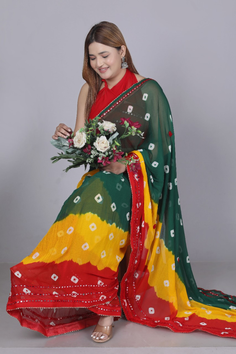 Pure Chiffon Printed Bandhani Printed Mirror Work Sarees For Women