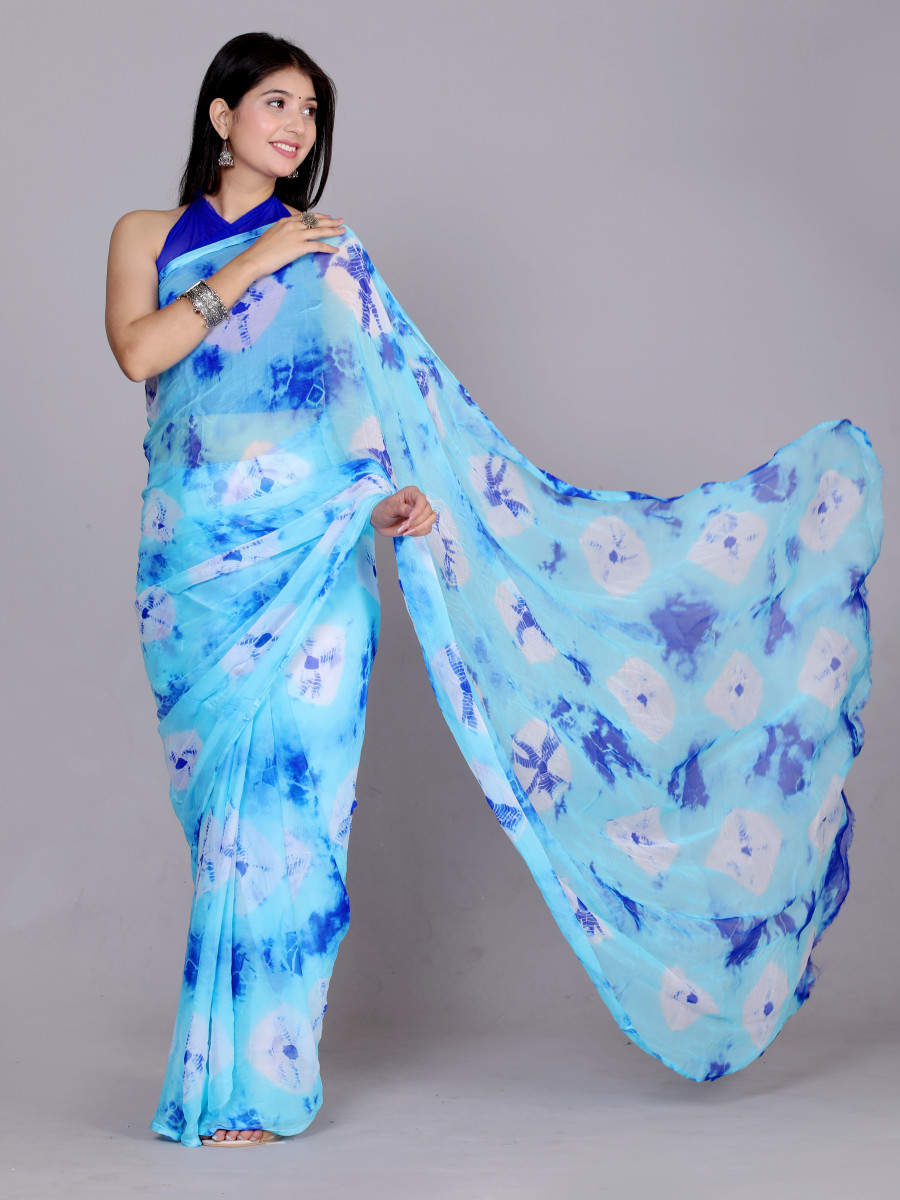 Bandhani Printed Chiffon Printed Blue sarees For Women