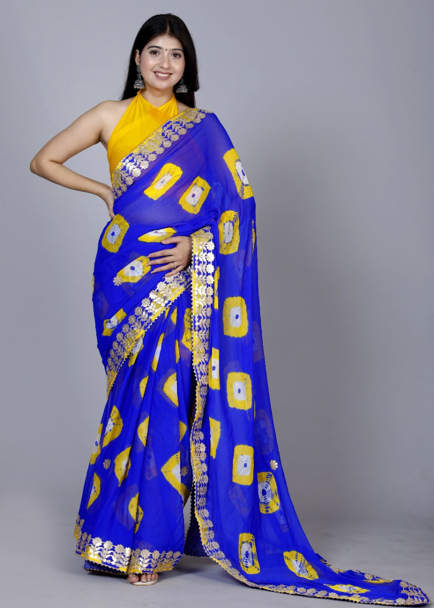 Trendy  Printed  Chiffon  Bandhini Gotta Patti Work Sarees For Women