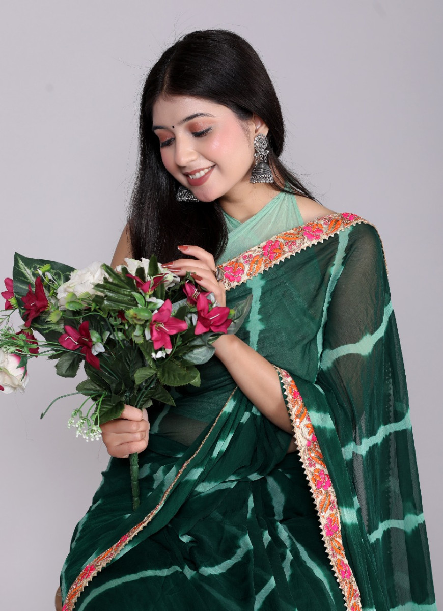 Pure Chiffon Leheriya Saree for Women – Bollywood Style Printed Lehariya Saree with Embroidered Border | Party, Wedding & Festive Wear 