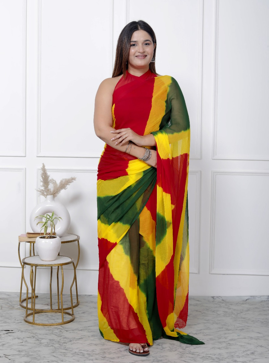 Pure Chiffon Leheriya Saree for Women – Multicolor Bollywood Printed Saree for Wedding, Party, Festive & Farewell | Traditional Designer Saree 