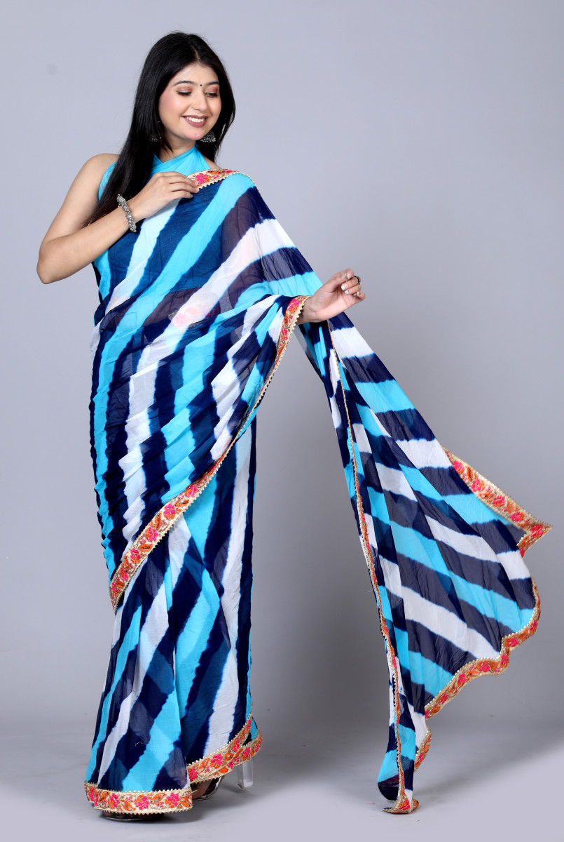 Pure Chiffon Leheriya Saree for Women – Bollywood Style Printed Lehaiya Saree with Embroidered Border | Party, Wedding & Festive Wear