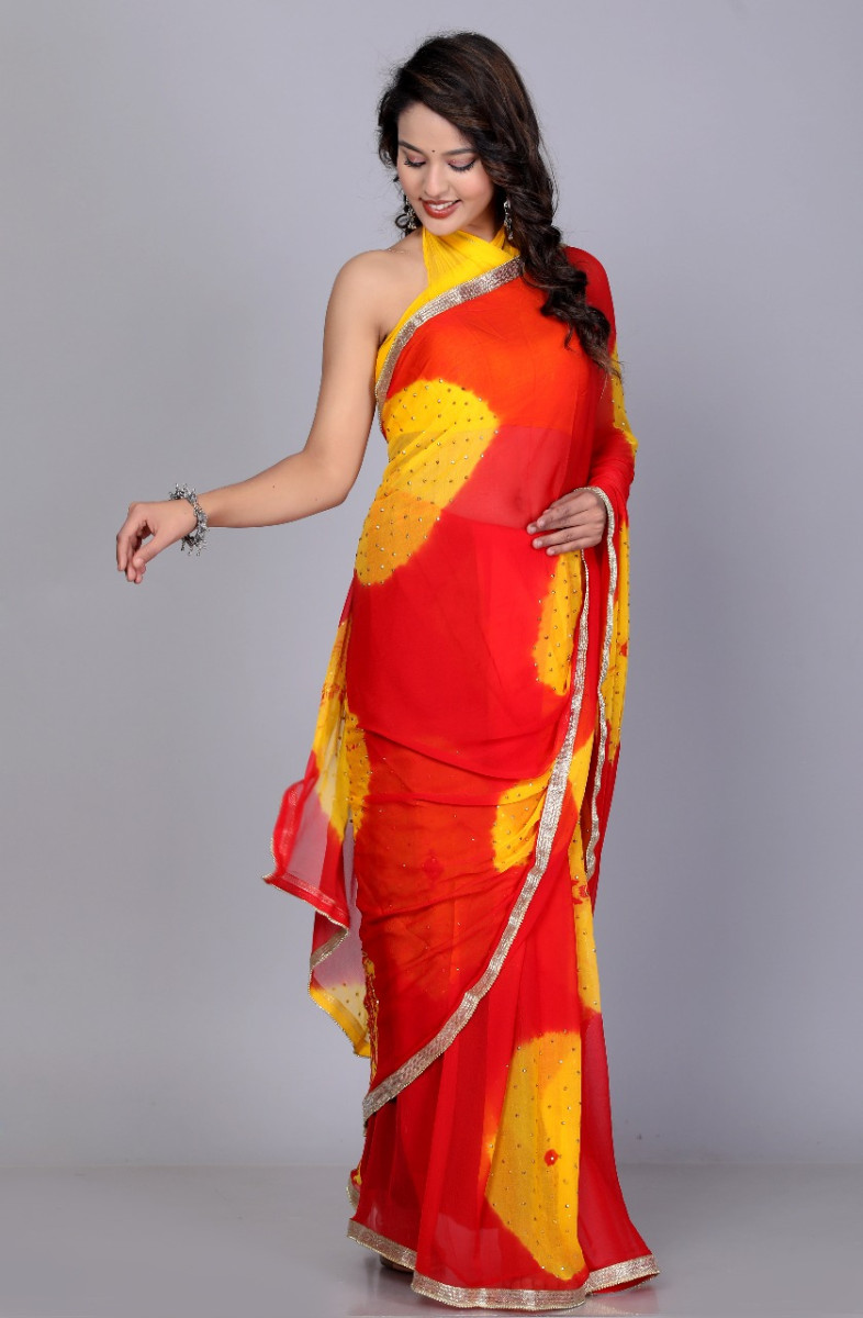 Trendy Chiffon Printed  Printed Bandhini Check Printed Stone Work Sarees For Women