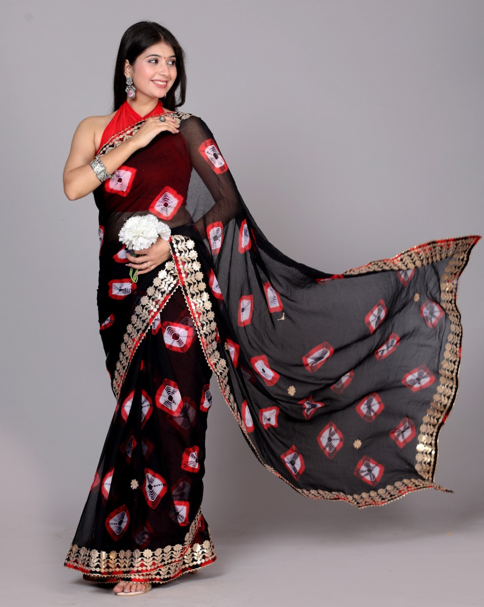 Trendy  Printed  Chiffon  Bandhini Gotta Patti Work Sarees For Women